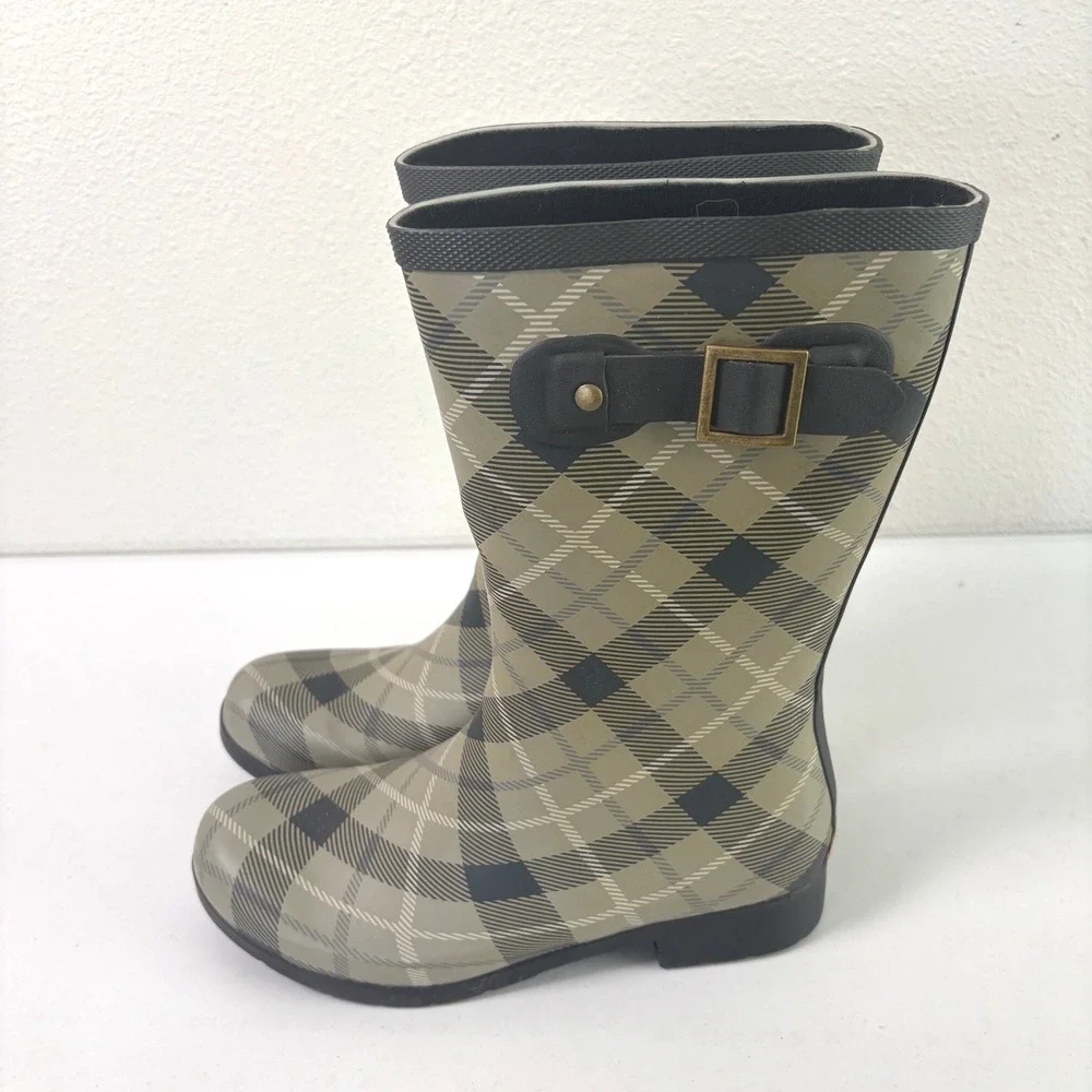 Chooka Rain Boots Womens 7 Olive Black Eastlake Plaid Mid Pebble Rubber Buckle